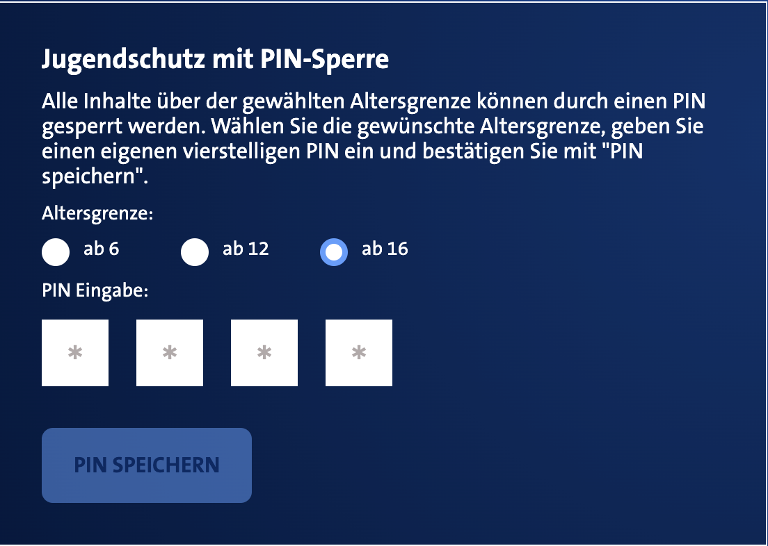 Screenshot von dem Bereich Jugendschutz-PIN - PIN setzen