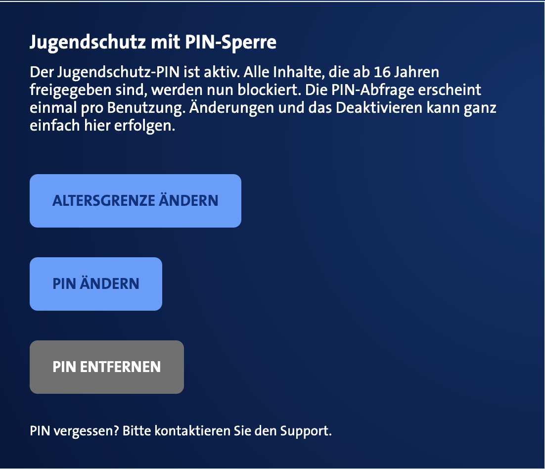 Screenshot von dem Bereich Jugendschutz-PIN - PIN ändern oder entfernen